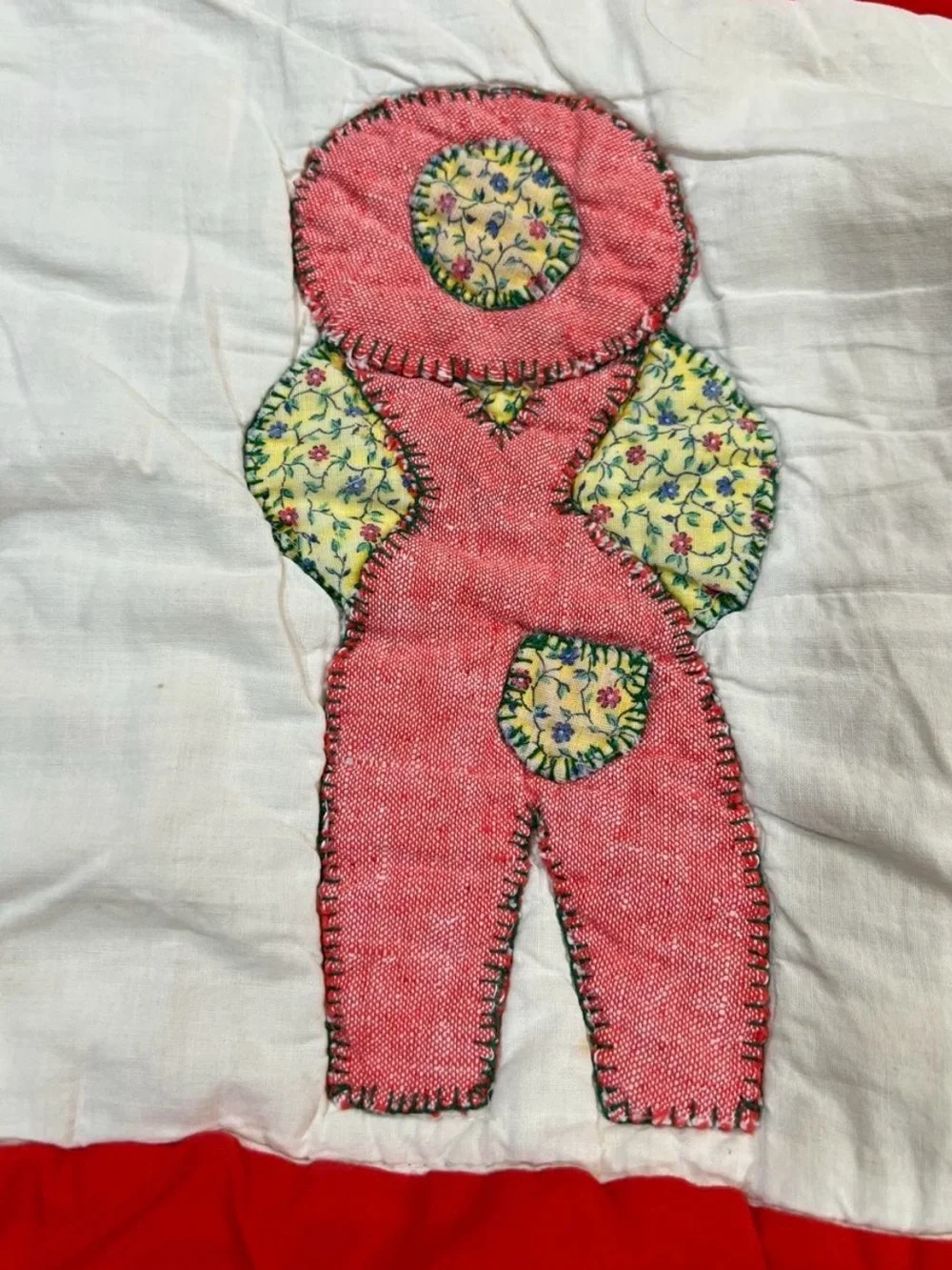 Vintage Handstitched Overall Sam Applique Baby Quilt - Red, Blue, Navy, Pink